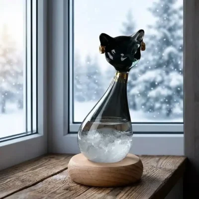 Egyptian Cat Storm Glass on Wooden Base