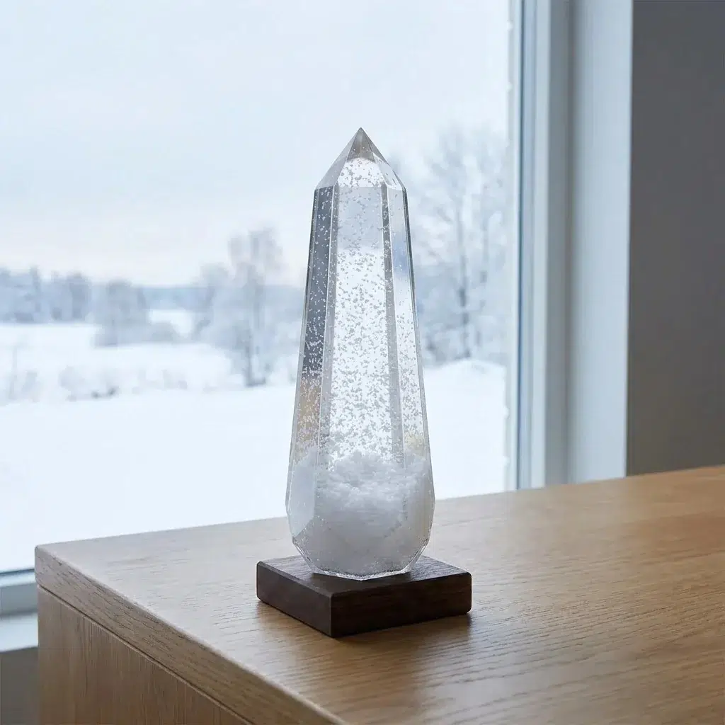 Glacier Storm Glass Prism on Wooden Base