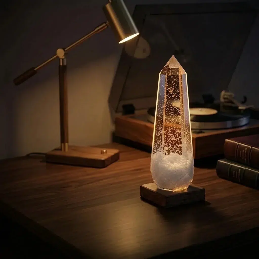 Glacier Storm Glass Prism on Wooden Base