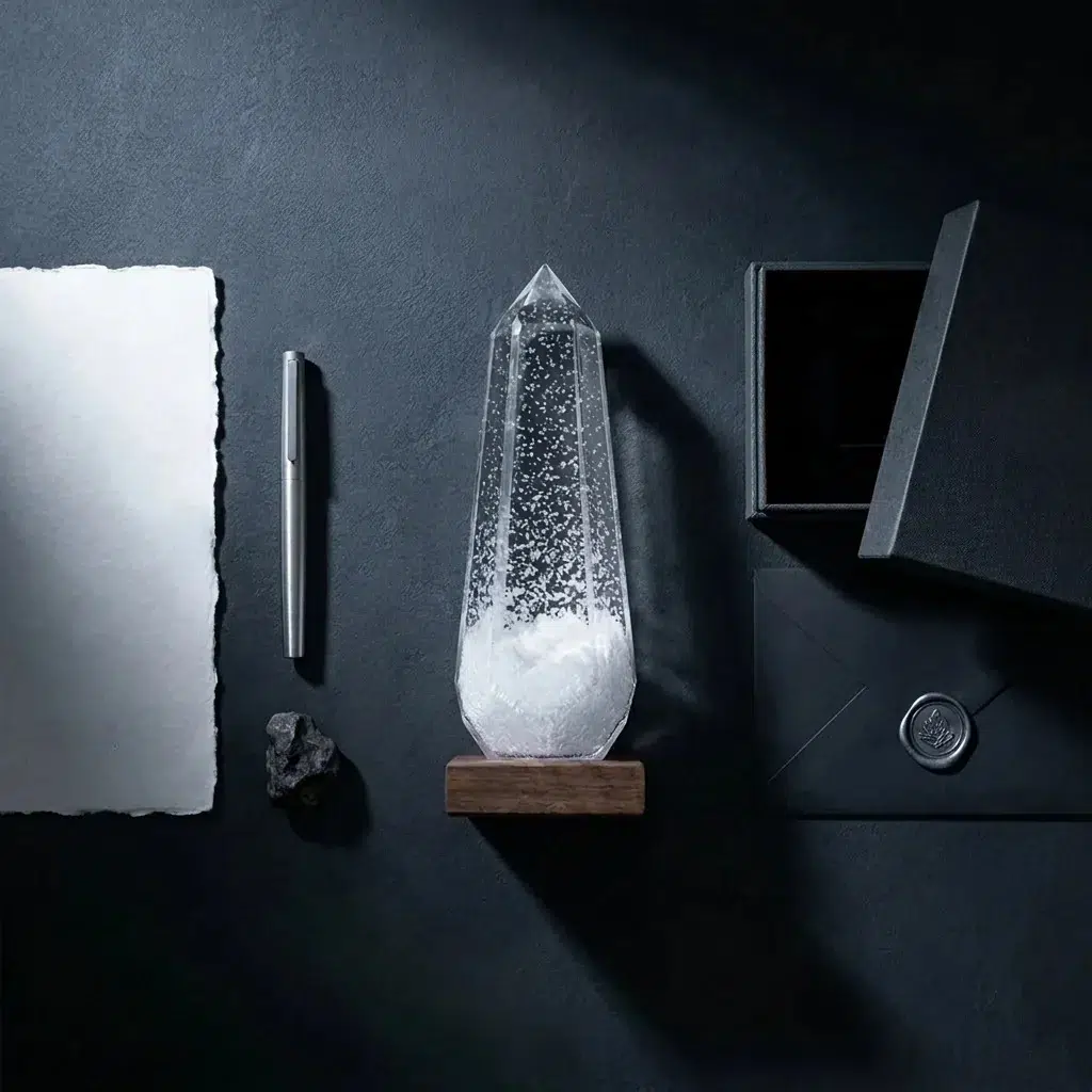 Glacier Storm Glass Prism on Wooden Base