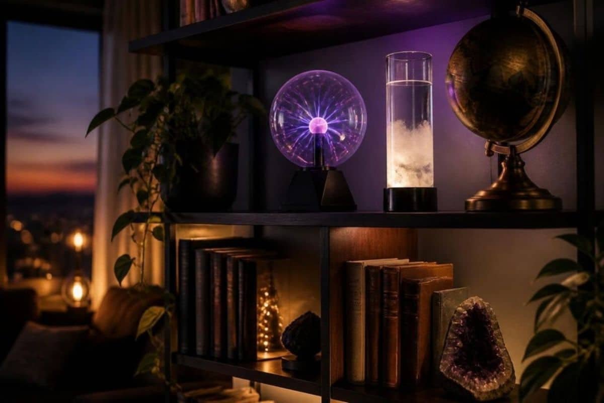 Living room shelf with a plasma ball, storm glass and vintage globe