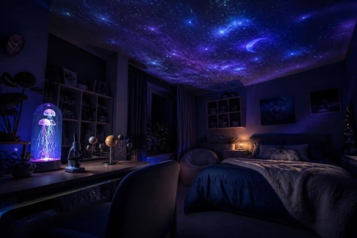 Child's bedroom at night with a projected starry sky