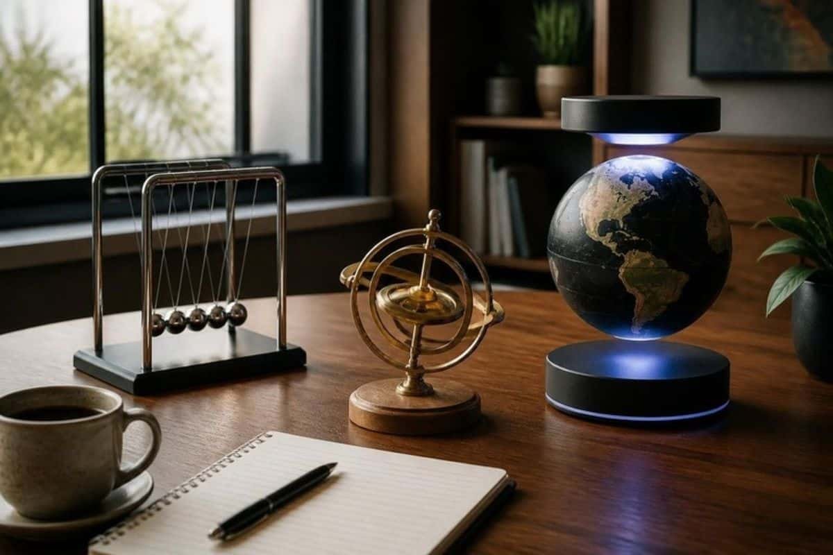 Wooden desk with a Newton's cradle, gyroscope and globe
